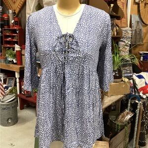 Sacred Threads rayon denim blue & white animal print top. NWT